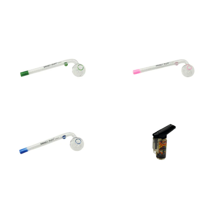 Coloured Sweet Puff Glass Pipe 14cm Value Pack + Jet Lighter