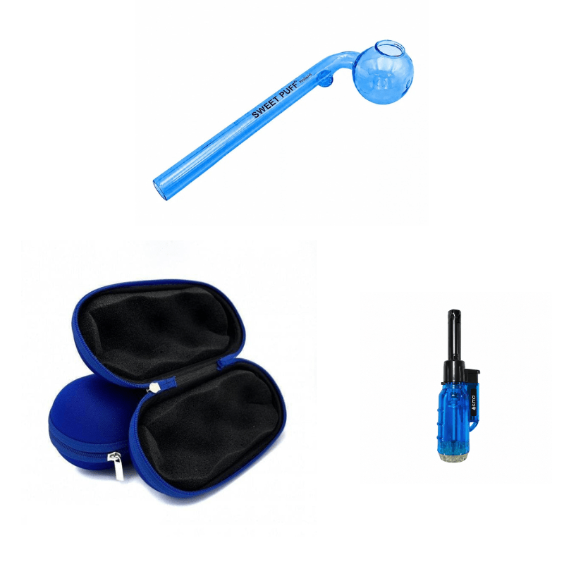 Matching Colour Sweet Puff Glass Pipe 14cm & Medium Case Bundle + Lighter Blue