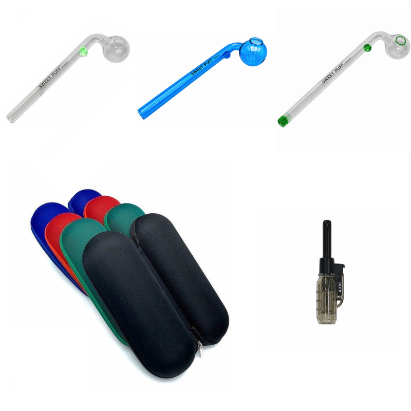 Sweet Puff Glass Pipe & Large Case Bundle + Jet Lighter