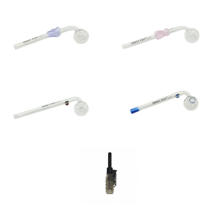 Mixed Designs Sweet Puff Glass Pipe Value Pack + Jet Lighter
