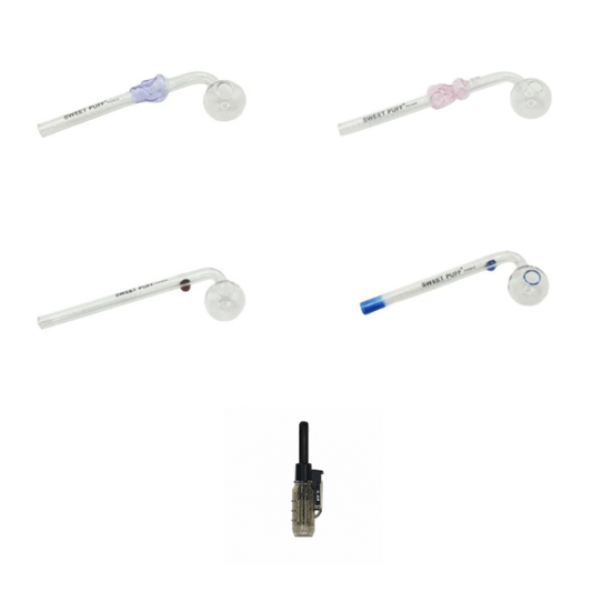Mixed Designs Sweet Puff Glass Pipe Value Pack + Jet Lighter