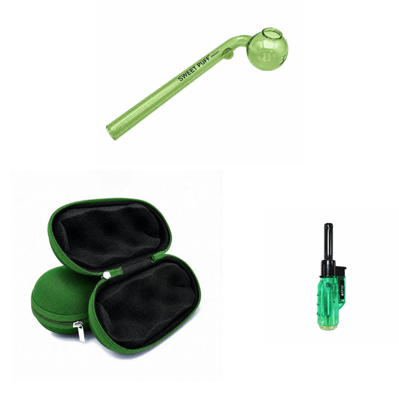 Matching Colour Sweet Puff Glass Pipe 14cm & Medium Case Bundle + Lighter Green